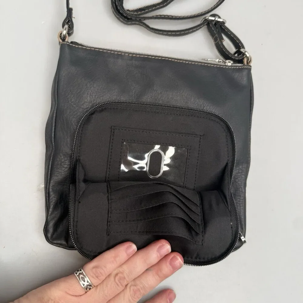 Relic Black Faux Leather Crossbody Organizer Purse Silver Hardware 9x9x1